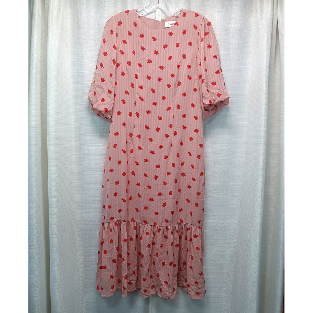 Louche London Zeyneb Oakleaf Pink Red Floral Stripe Ruffle Midi Dress US 8